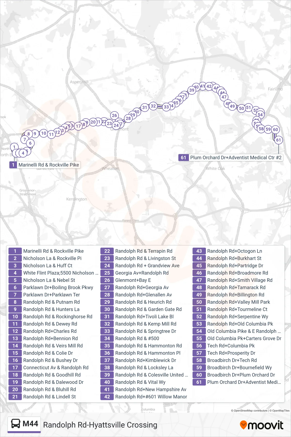 M44 bus Line (East To Plum Orchard) route and stops on a map