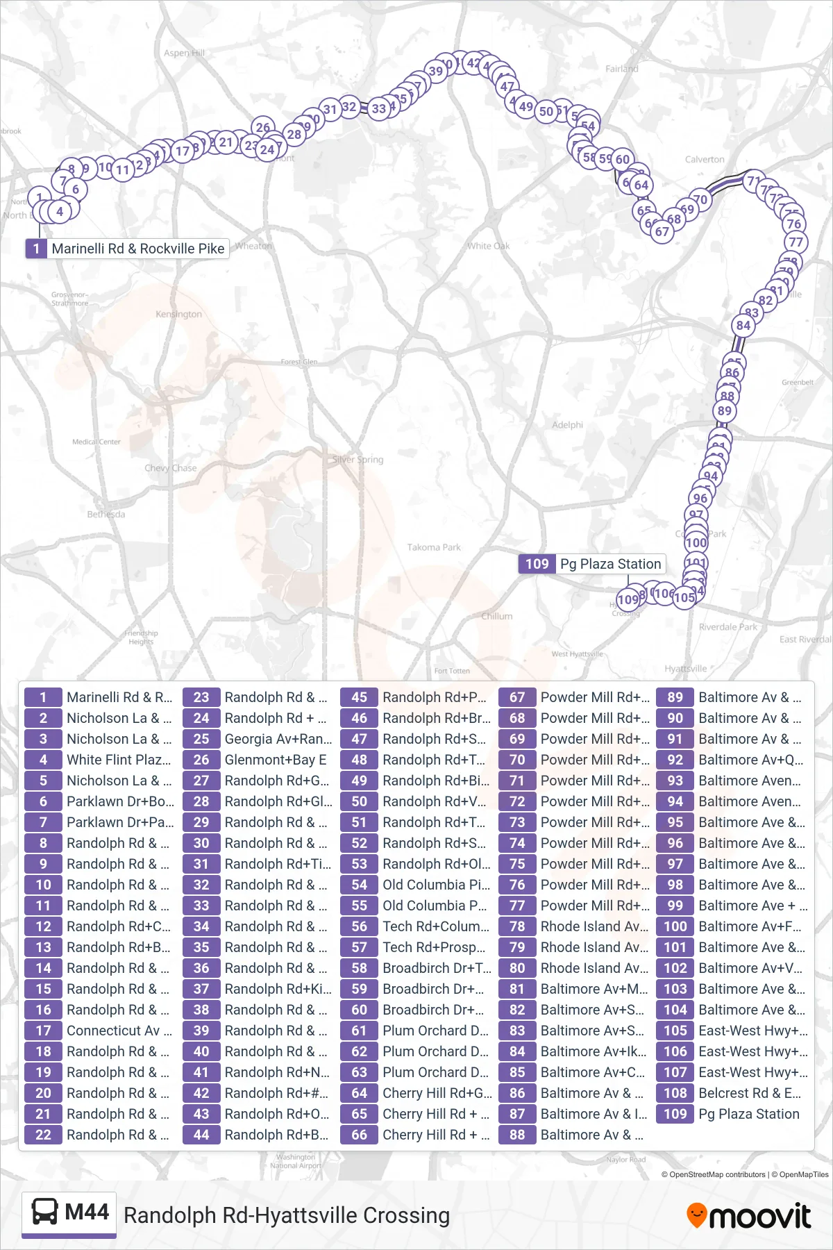 M44 bus Line (East To Hyattsville Xing) route and stops on a map