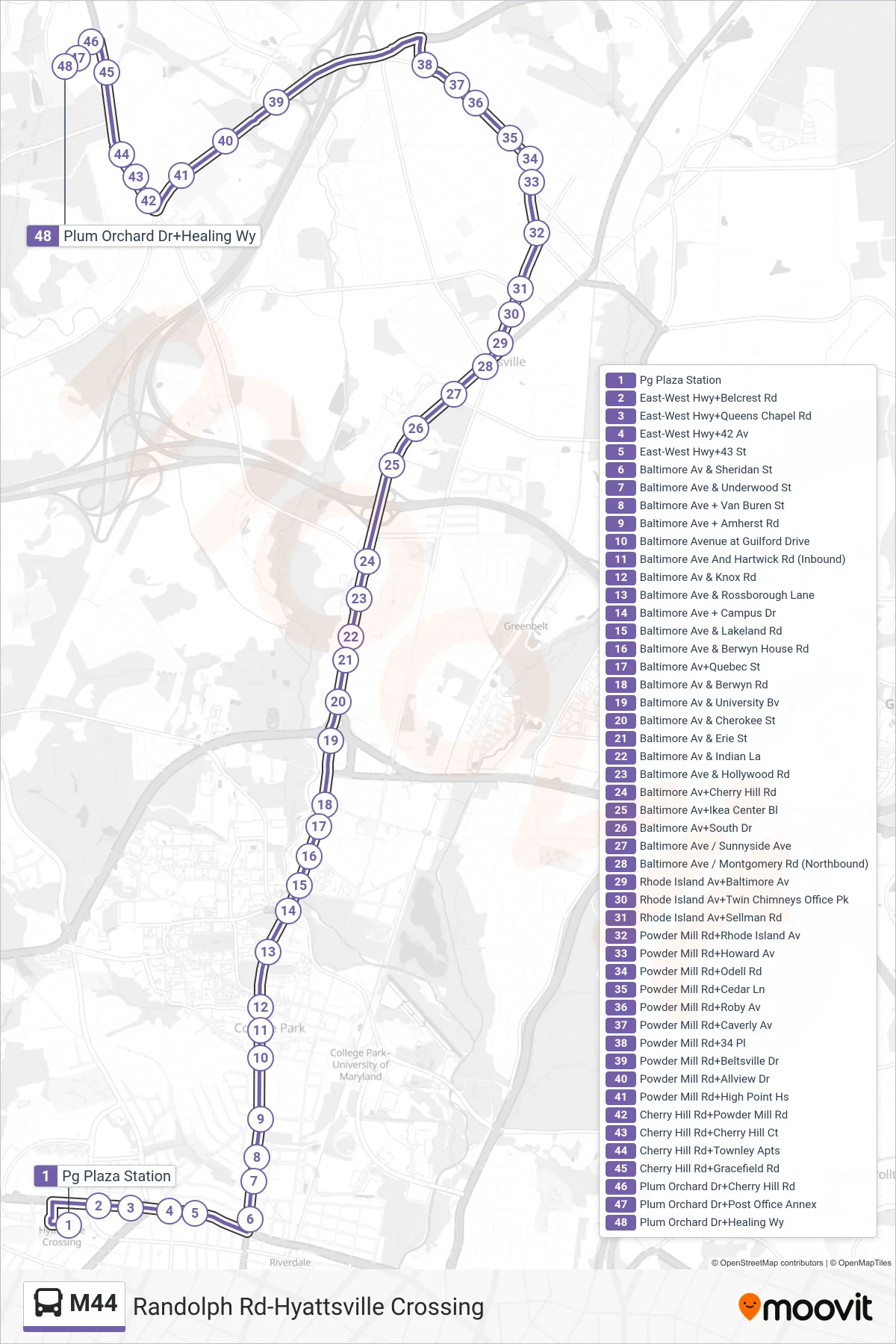 M44 bus Line (West To Plum Orchard) route and stops on a map