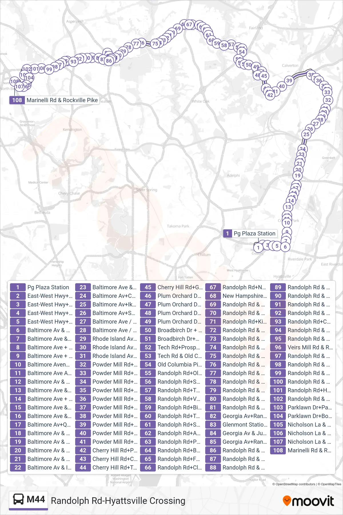 M44 bus Line (West To N Bethesda) route and stops on a map