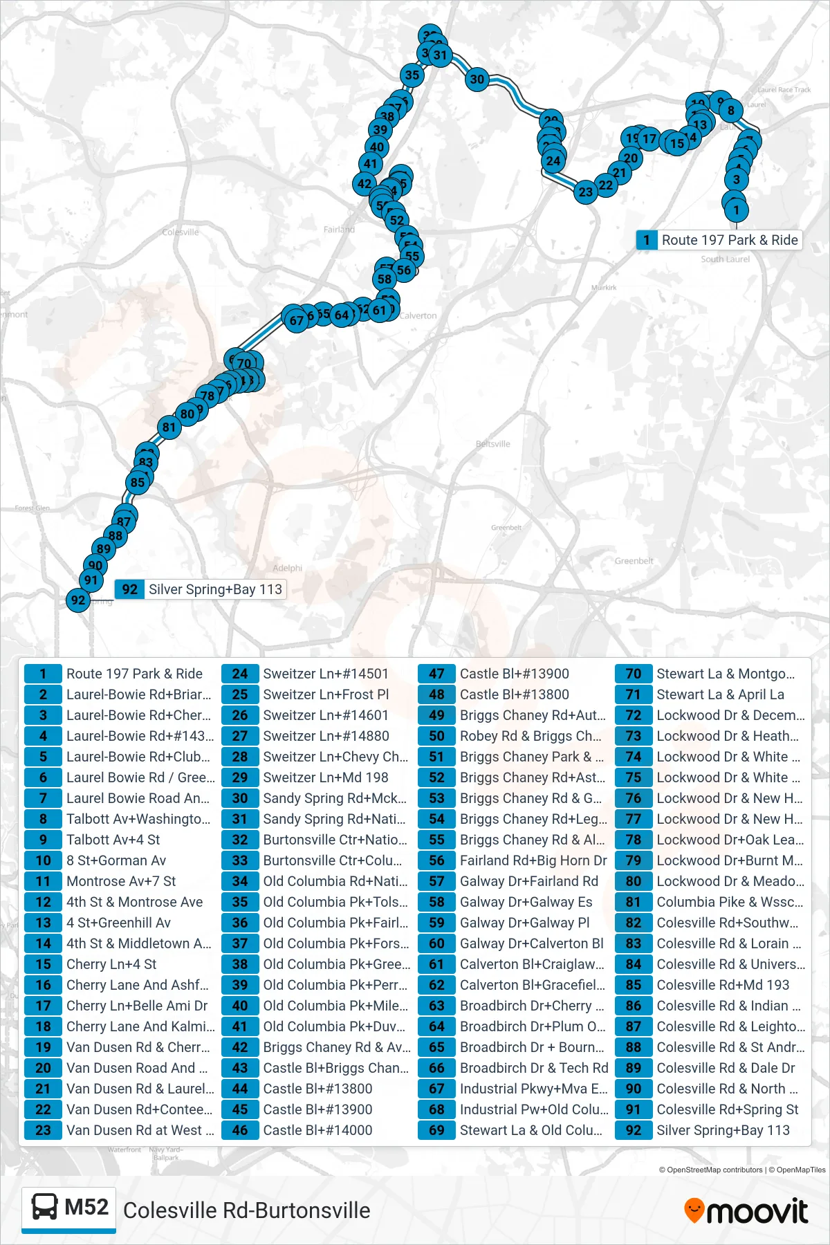M52 bus Line (South To Silver Spring) route and stops on a map