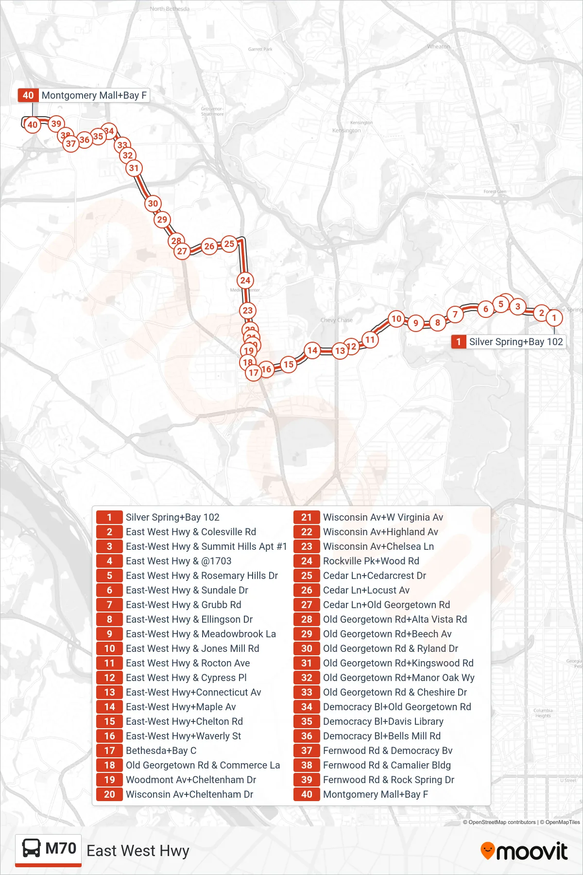 M70 bus Line (West To Montgomery Mall) route and stops on a map