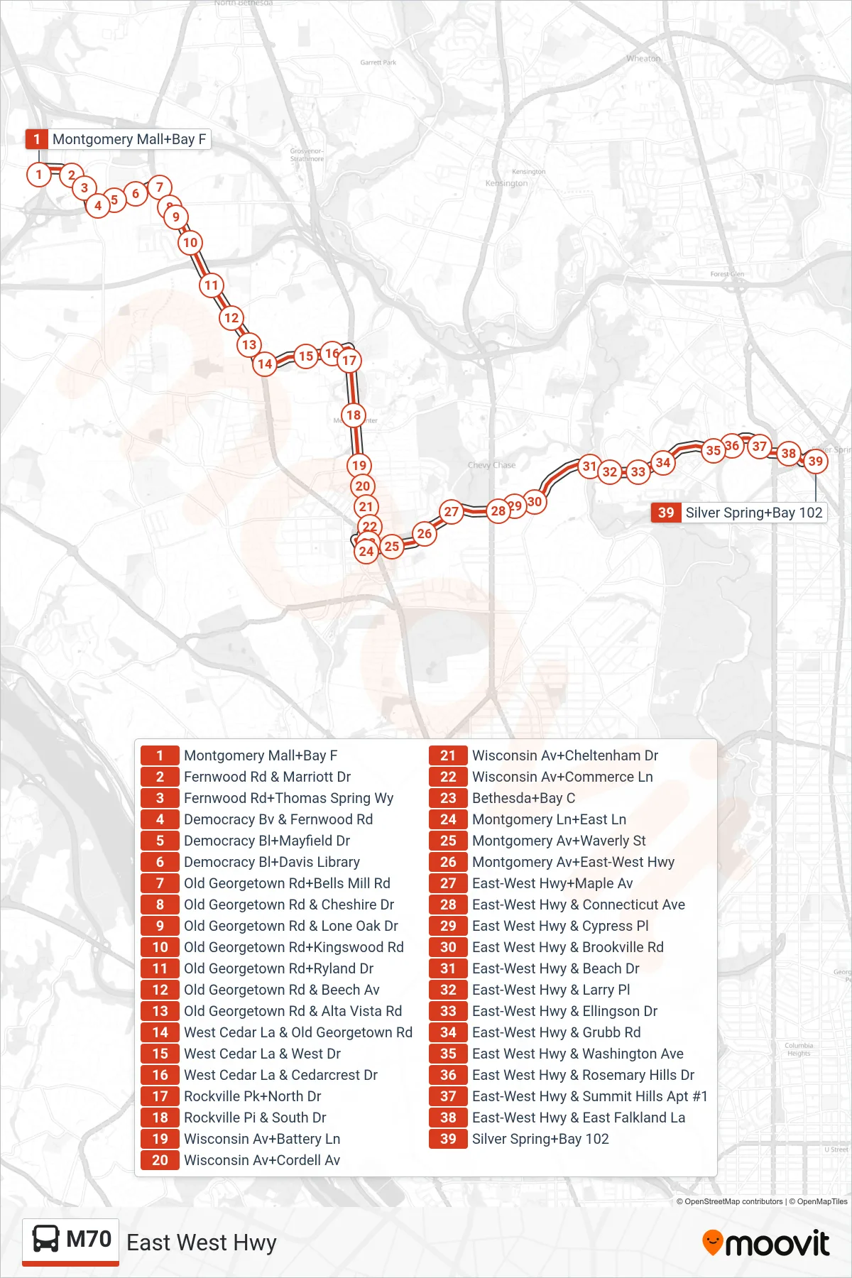 M70 bus Line (East To Silver Spring) route and stops on a map