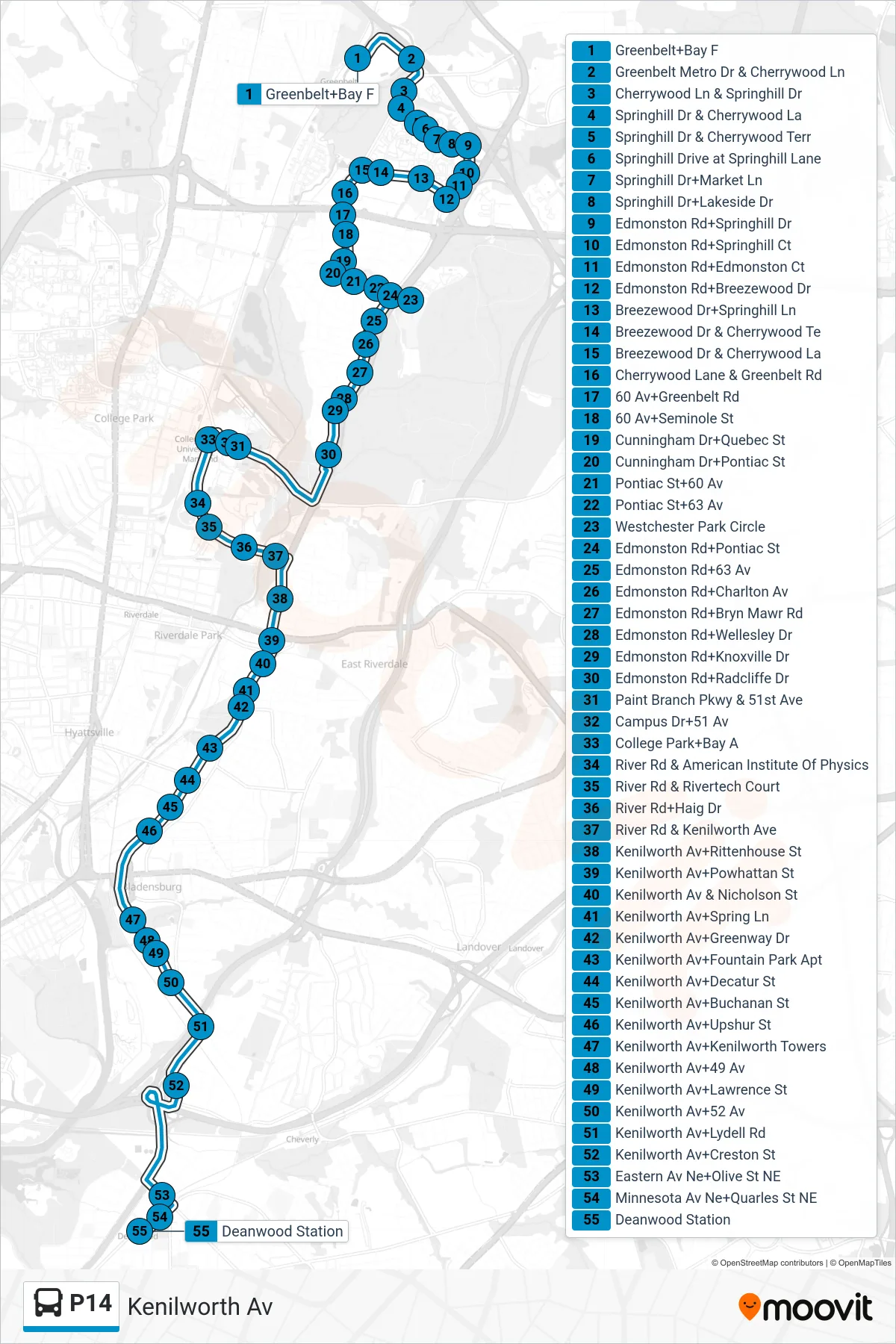 P14 bus Line (South To Deanwood) route and stops on a map