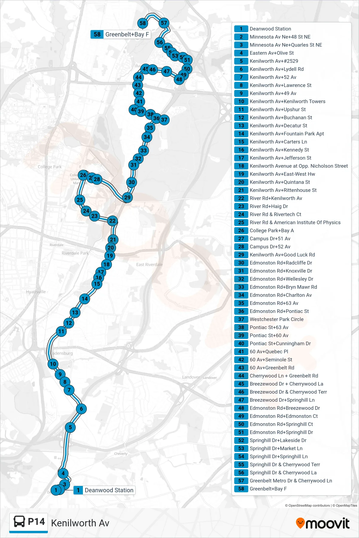 P14 bus Line (North To Greenbelt) route and stops on a map