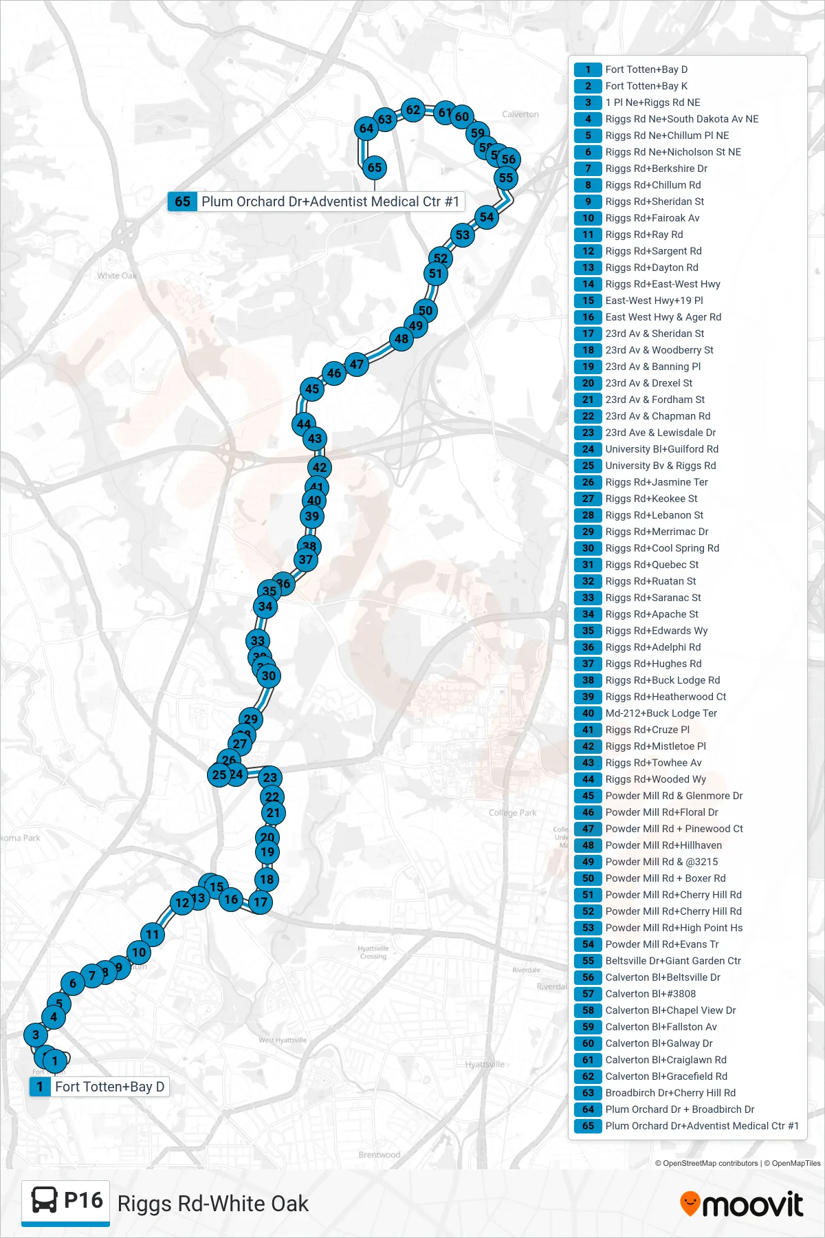 P16 bus Line (North To Plum Orchard) route and stops on a map