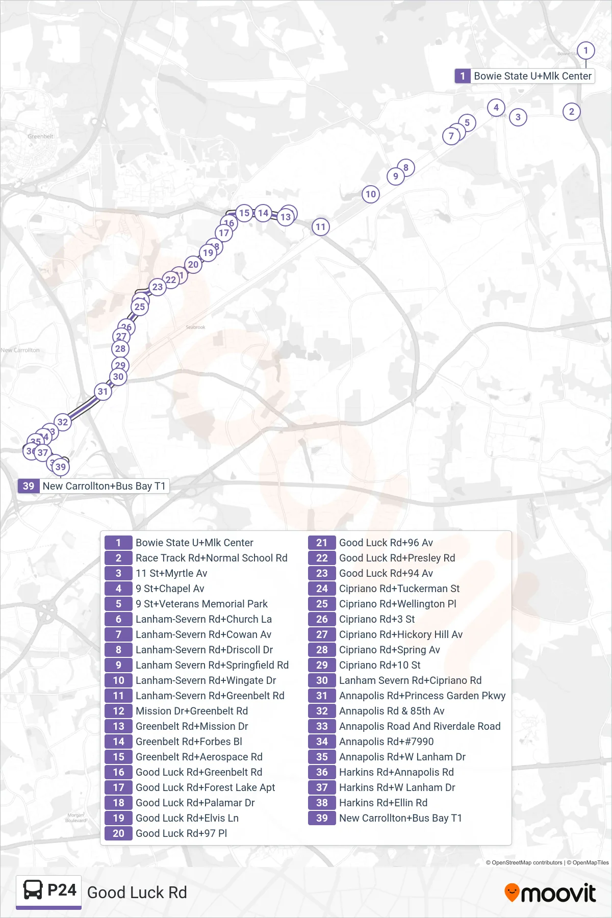 P24 bus Line (West To New Carrollton) route and stops on a map