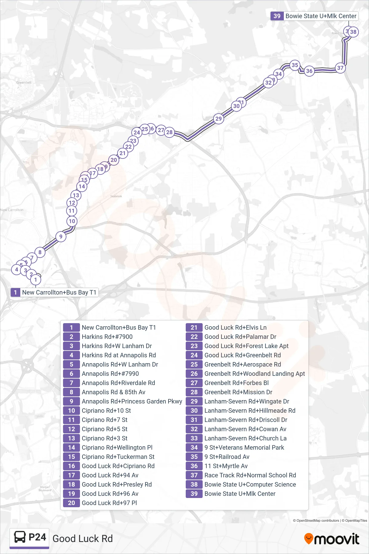 P24 bus Line (East To Bowie State) route and stops on a map