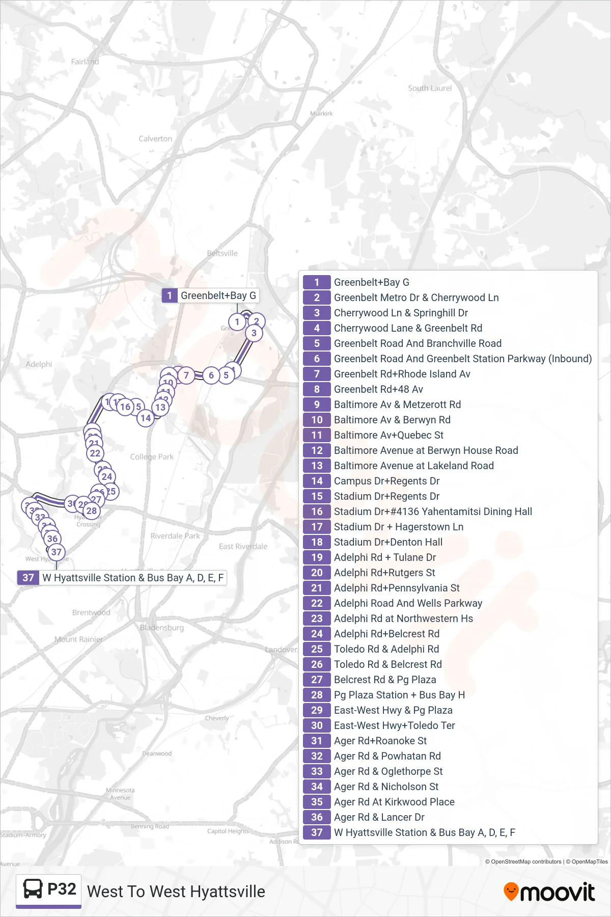 P32 bus Line (West To West Hyattsville) route and stops on a map