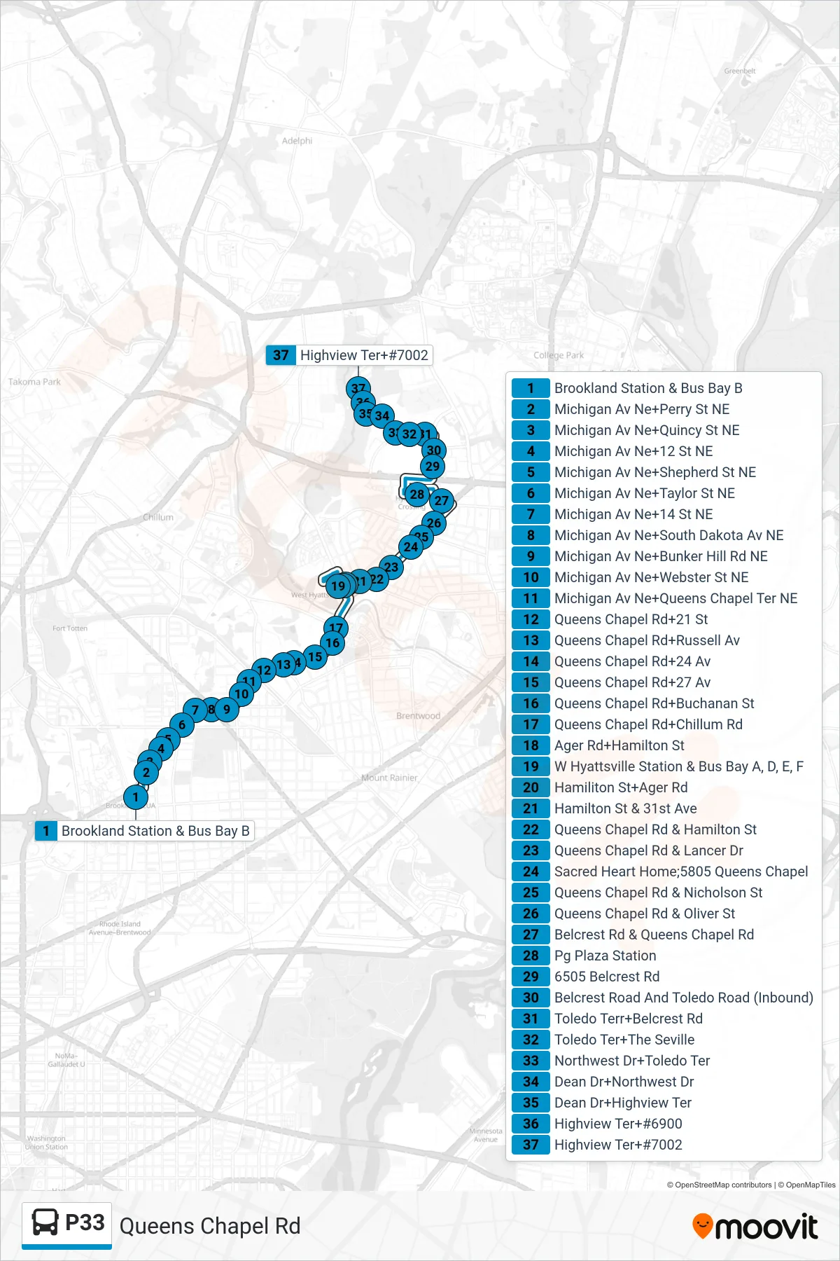 P33 bus Line (North To Highview) route and stops on a map