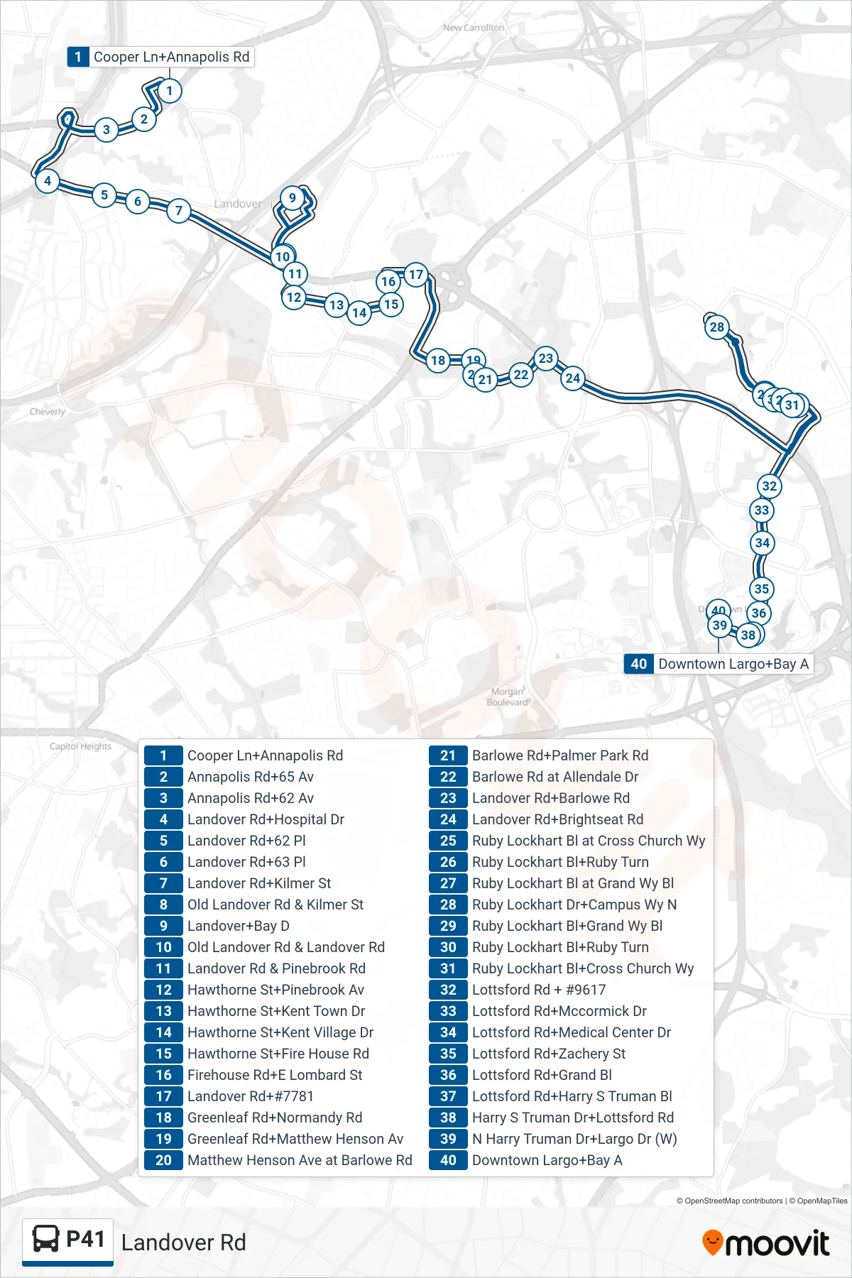P41 bus Line (East To Largo) route and stops on a map