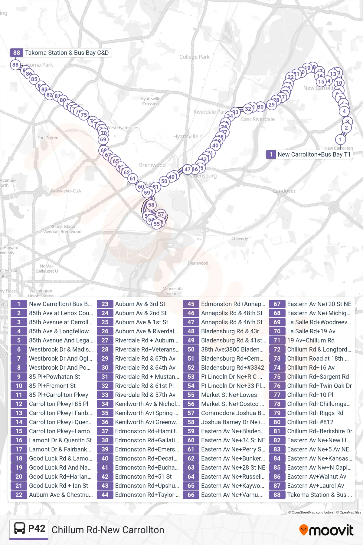 P42 bus Line (West To Takoma) route and stops on a map