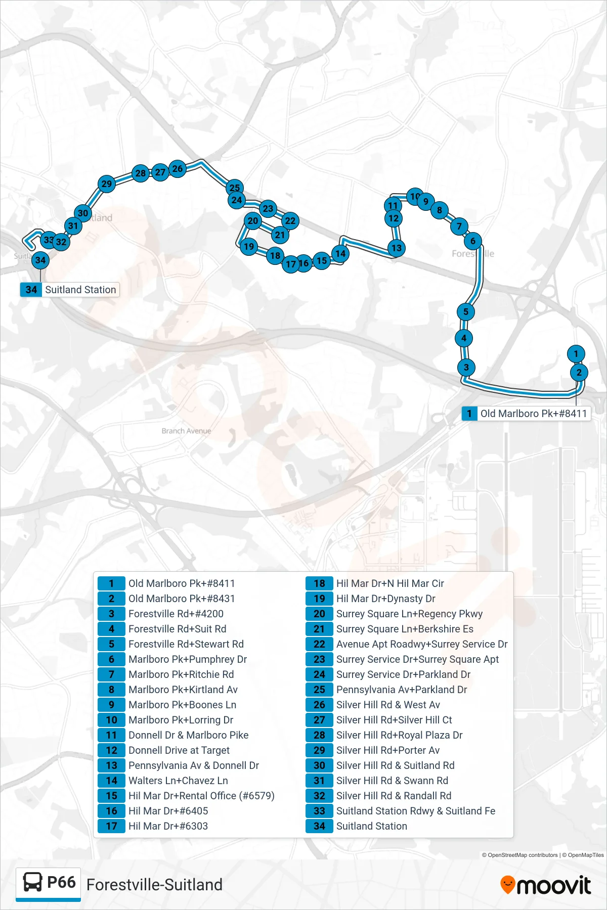 P66 bus Line (West To Suitland) route and stops on a map