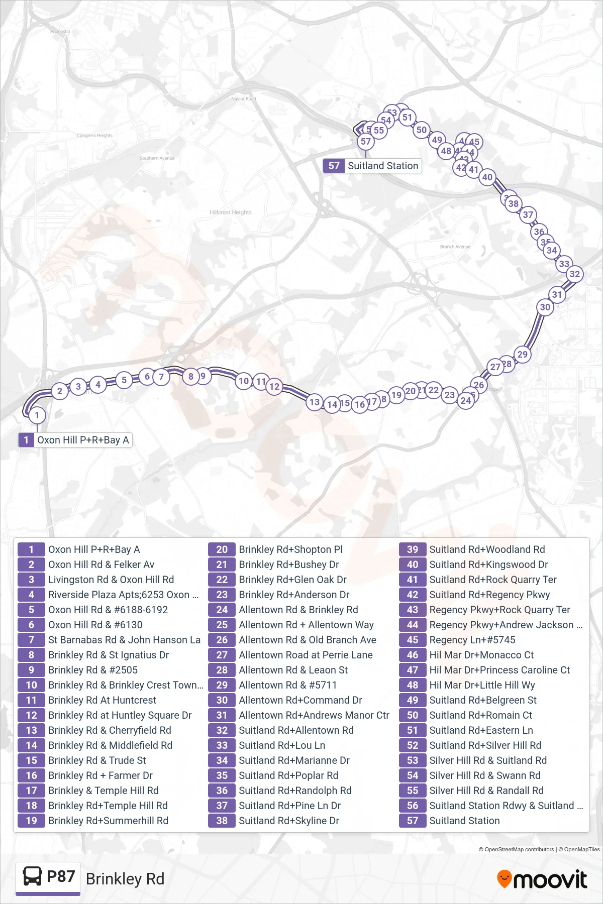 P87 bus Line (East To Suitland) route and stops on a map