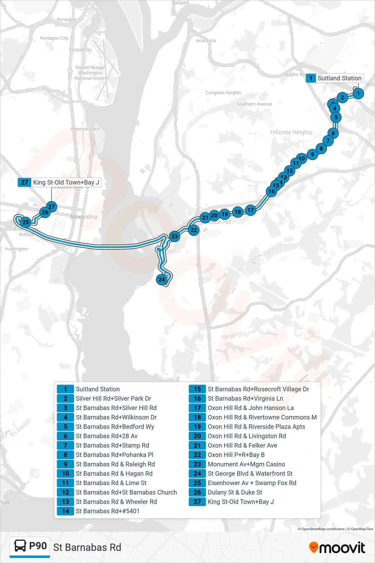 P90 bus Line (West To King St-Old Town) route and stops on a map
