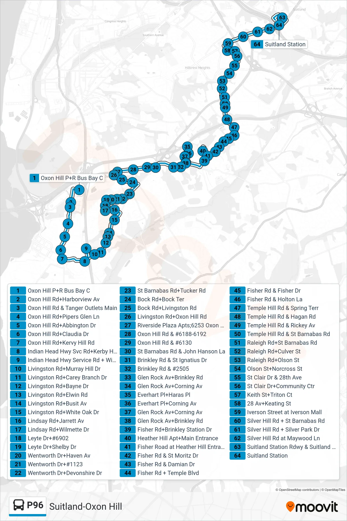 P96 bus Line (North To Suitland) route and stops on a map