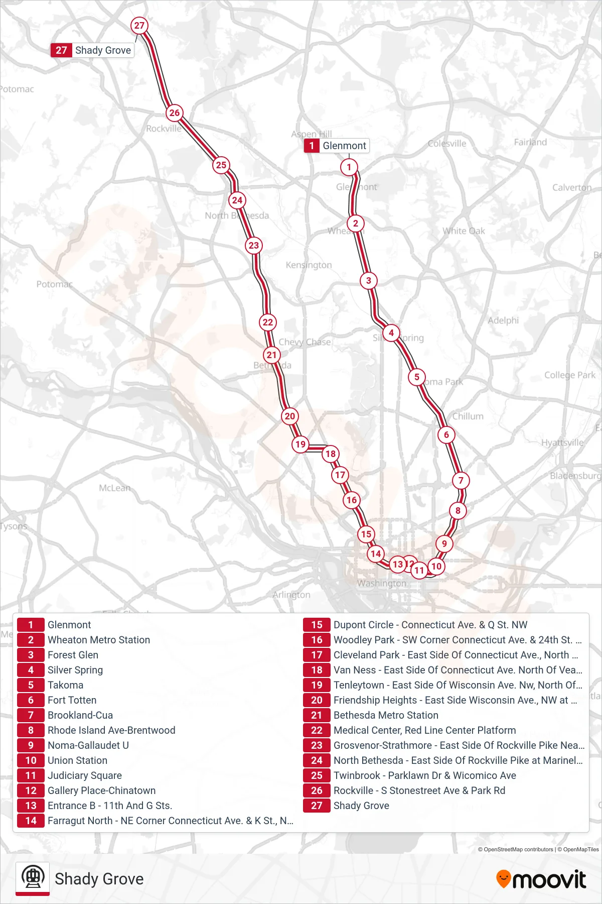 RED metro Line (Shady Grove) route and stops on a map