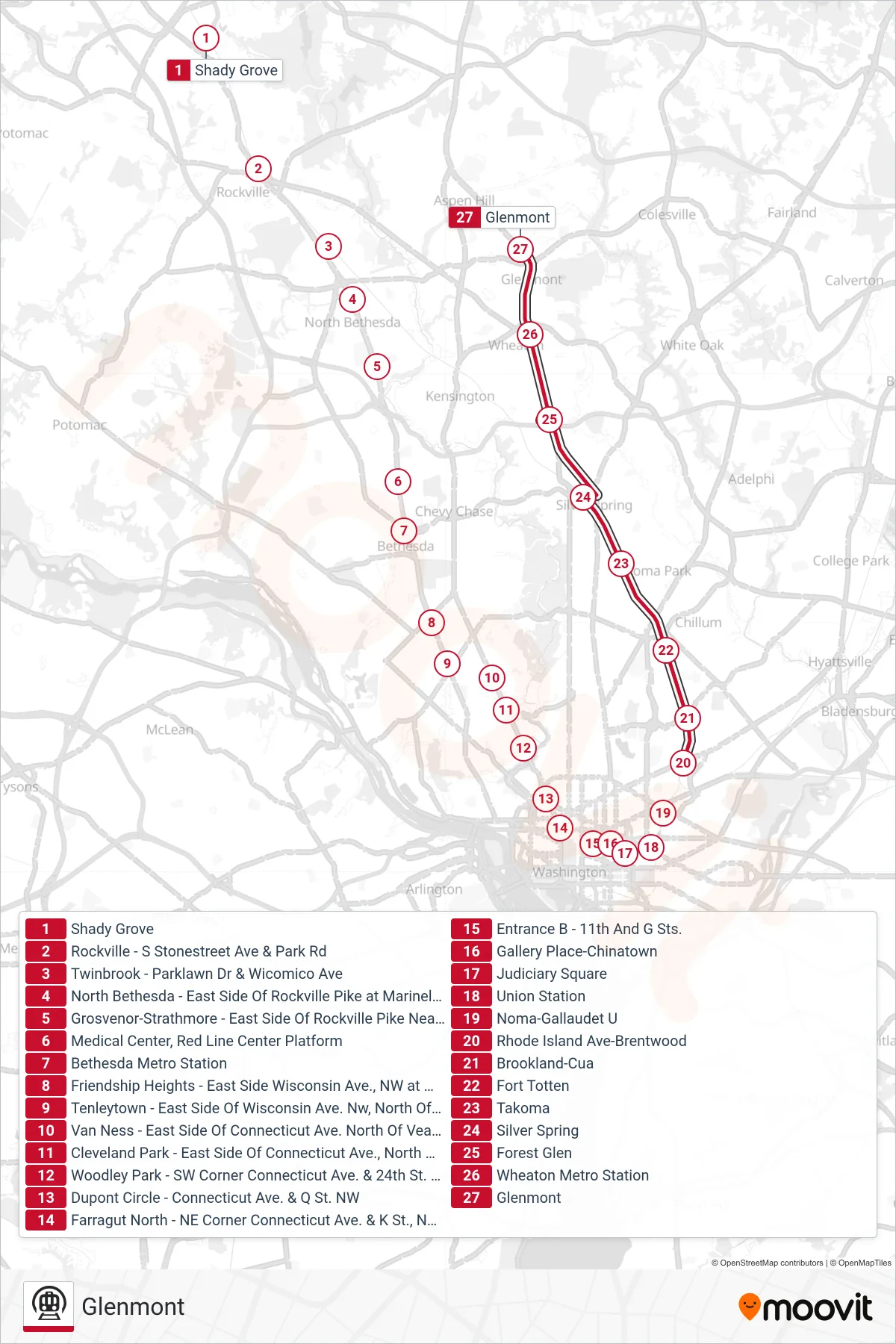RED subway Line (Glenmont) route and stops on a map