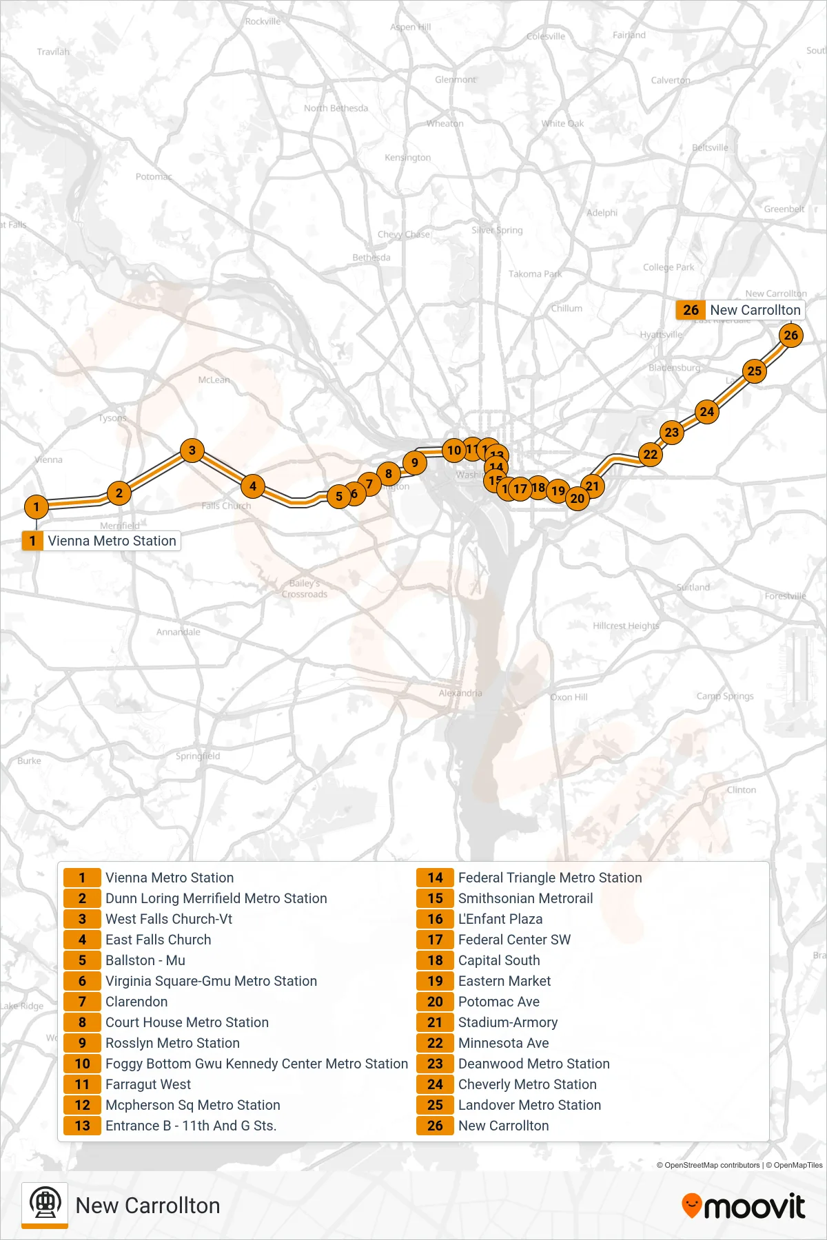 ORANGE metro Line (New Carrollton) route and stops on a map