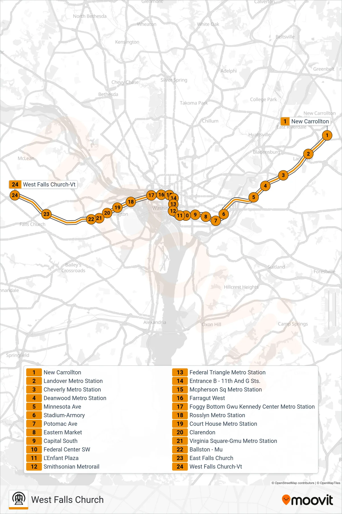 ORANGE metro Line (West Falls Church) route and stops on a map