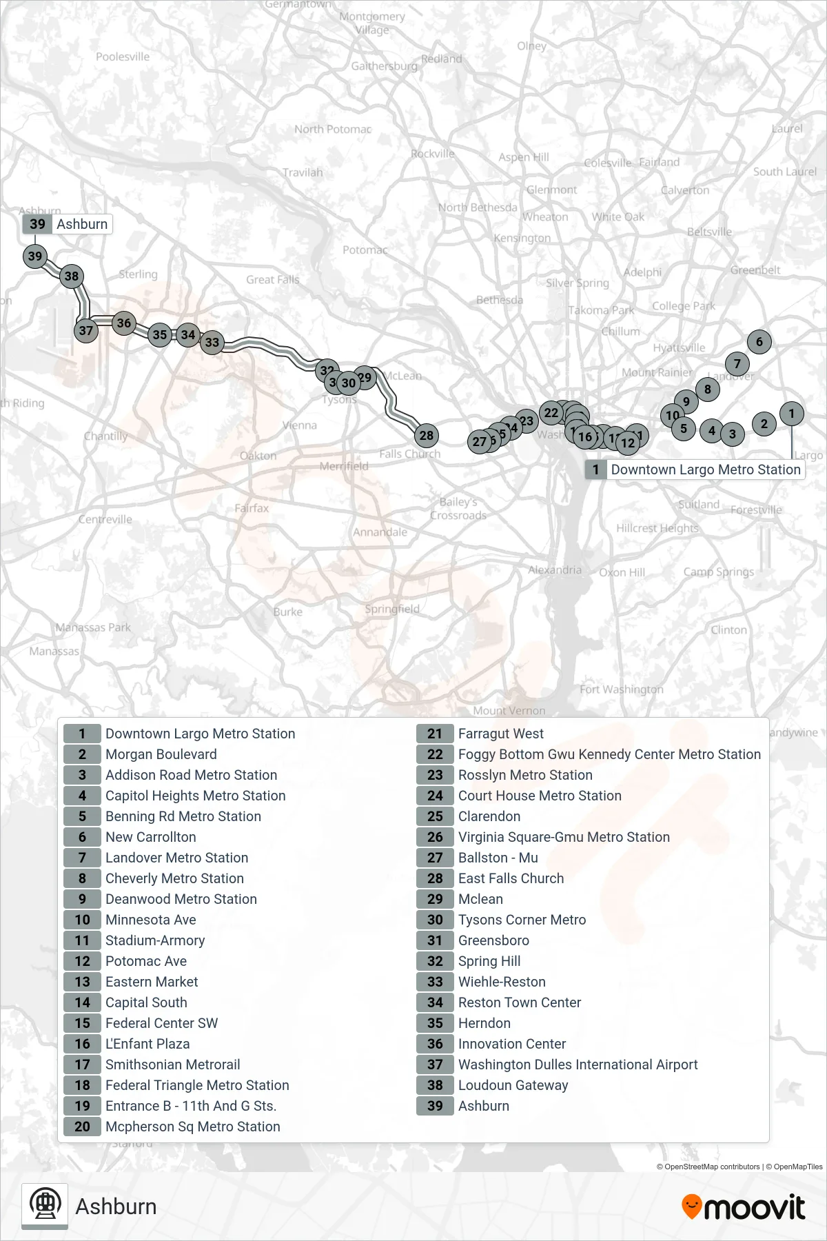 SILVER subway Line (Ashburn) route and stops on a map
