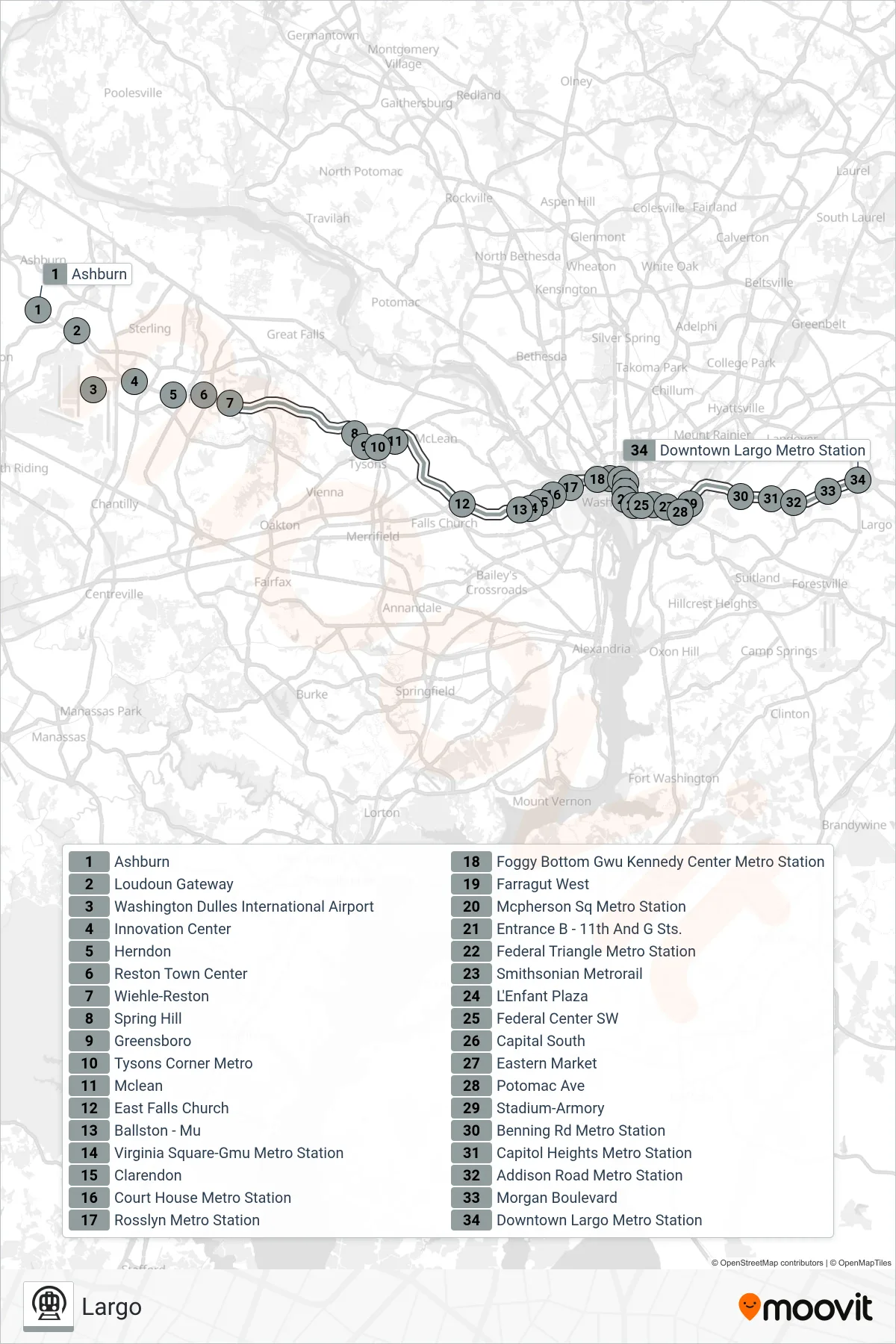 SILVER metro Line (Largo) route and stops on a map