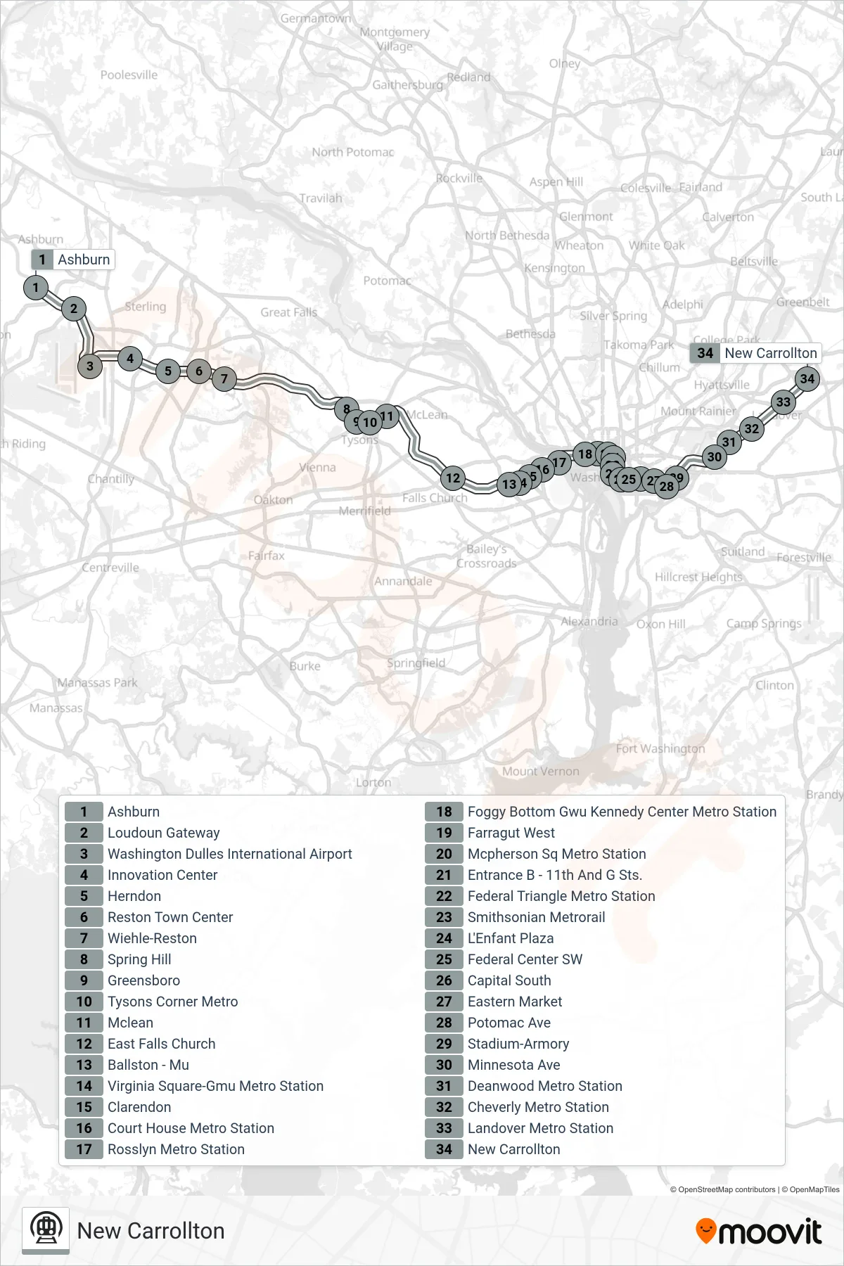 SILVER metro Line (New Carrollton) route and stops on a map