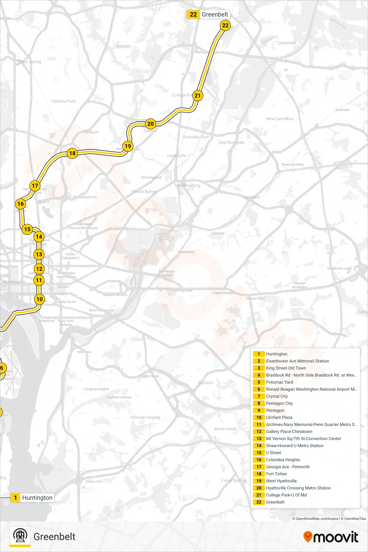 YELLOW metro Line (Greenbelt) route and stops on a map