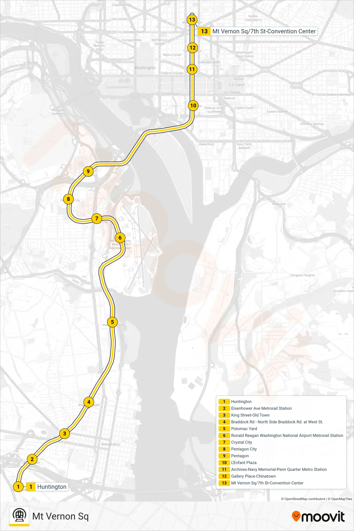 YELLOW metro Line (Mt Vernon Sq) route and stops on a map