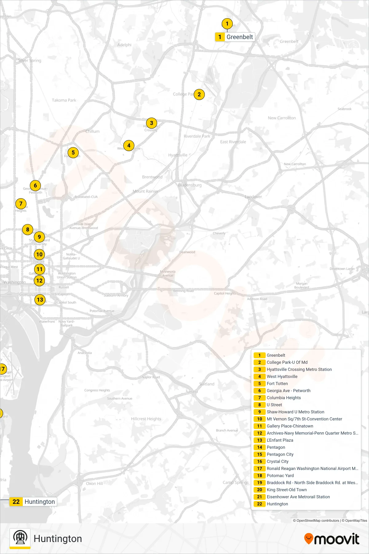 YELLOW metro Line (Huntington) route and stops on a map