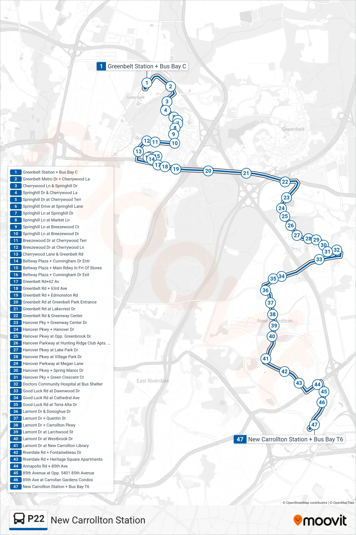 P22 bus Line (New Carrollton Station) route and stops on a map