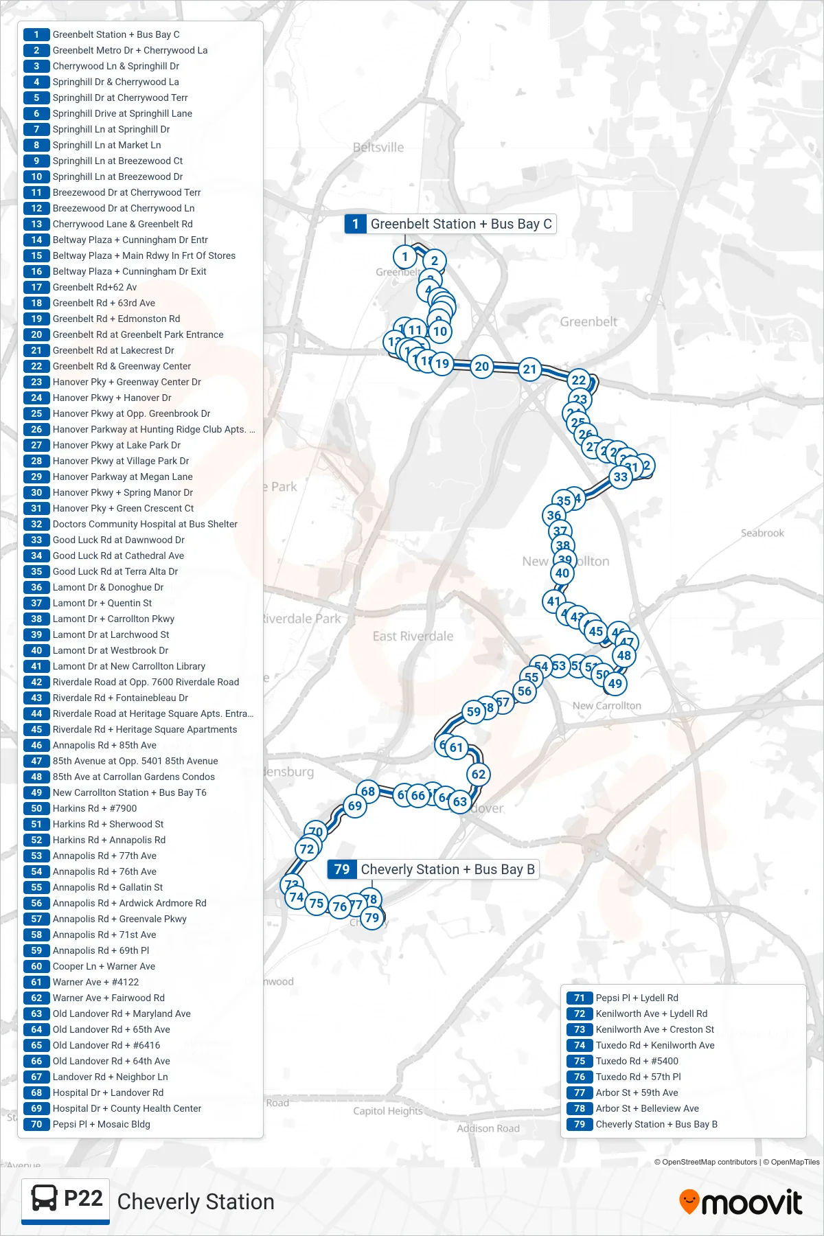 P22 bus Line (Cheverly Station) route and stops on a map
