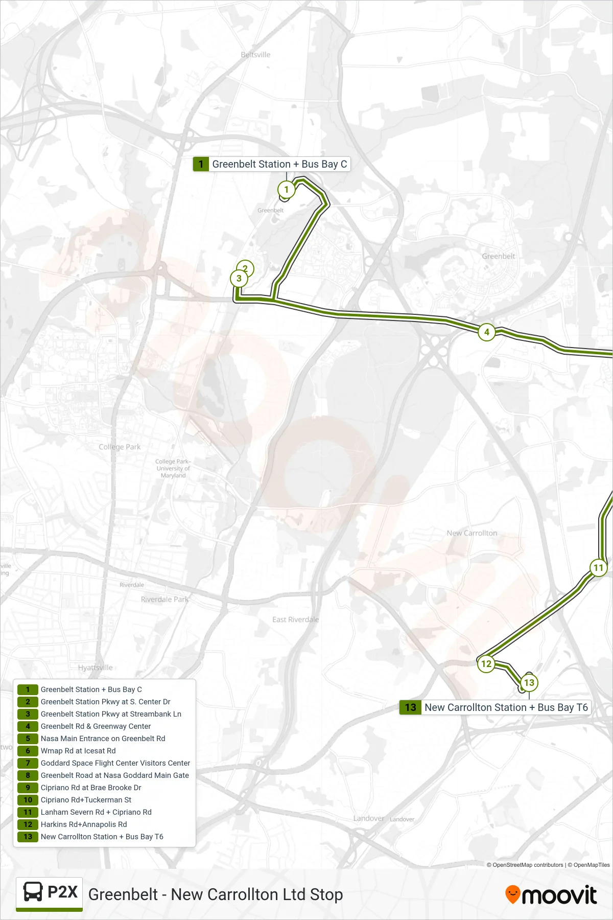 P2X bus Line (New Carrollton Station) route and stops on a map