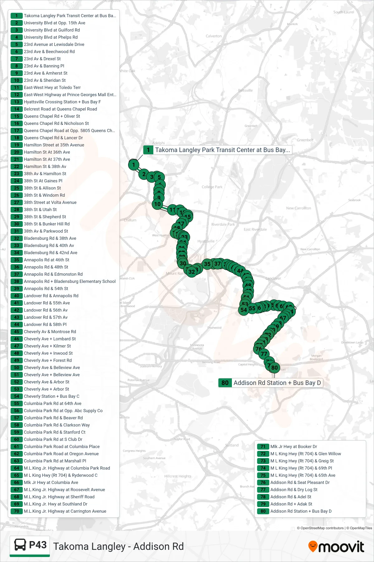 P43 bus Line (Addison Road Station) route and stops on a map