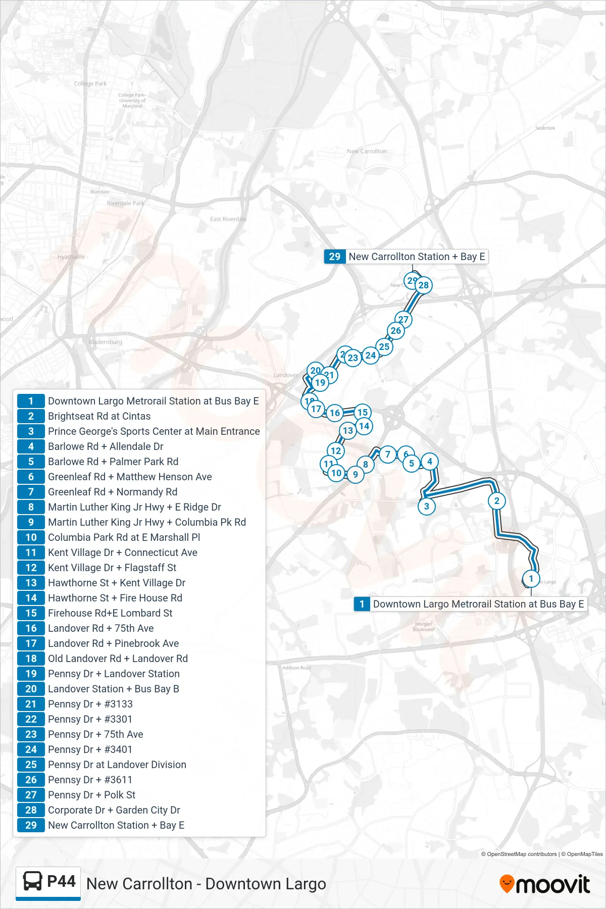 P44 bus Line (New Carrollton Station) route and stops on a map