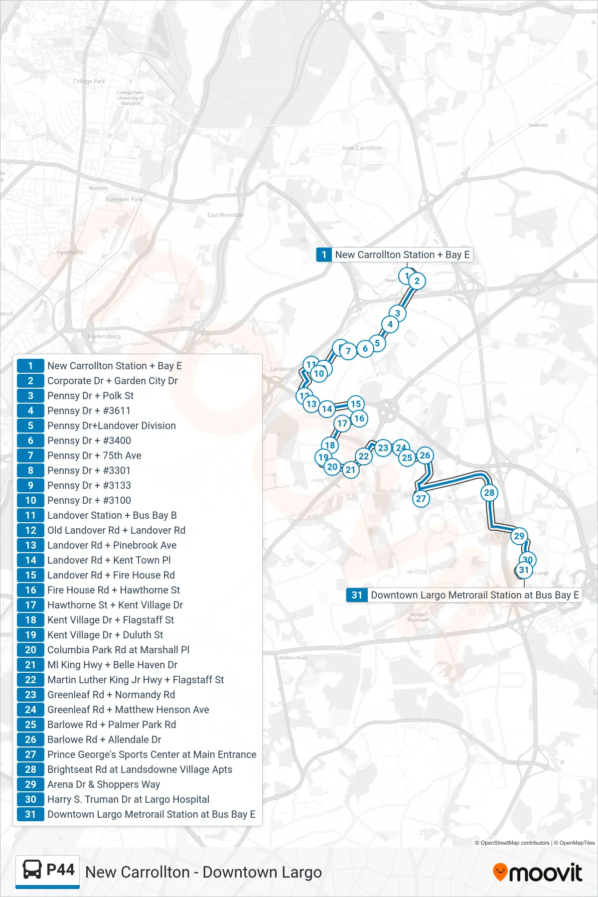 P44 bus Line (Downtown Largo Station) route and stops on a map