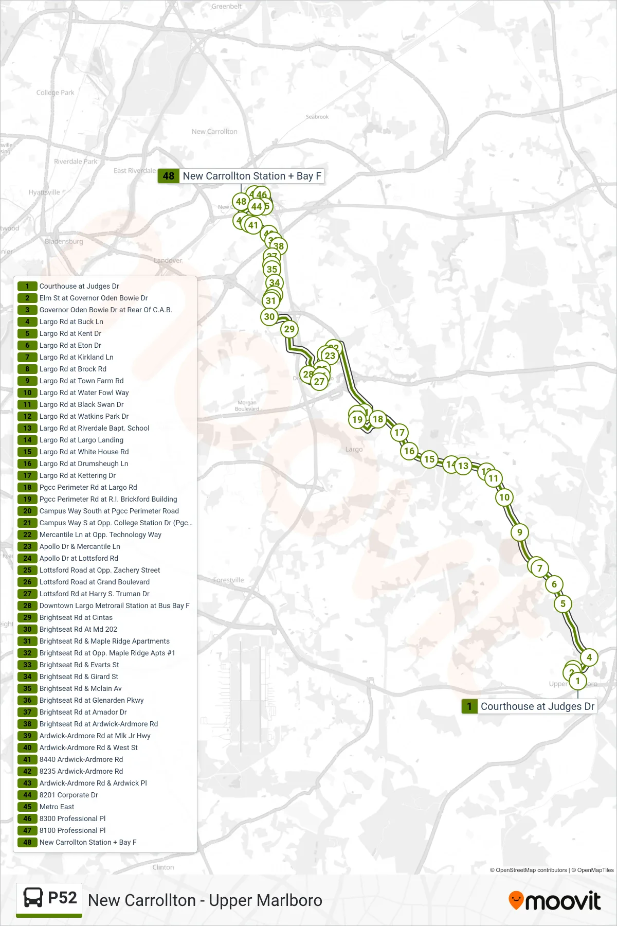 P52 bus Line (New Carrollton Station) route and stops on a map