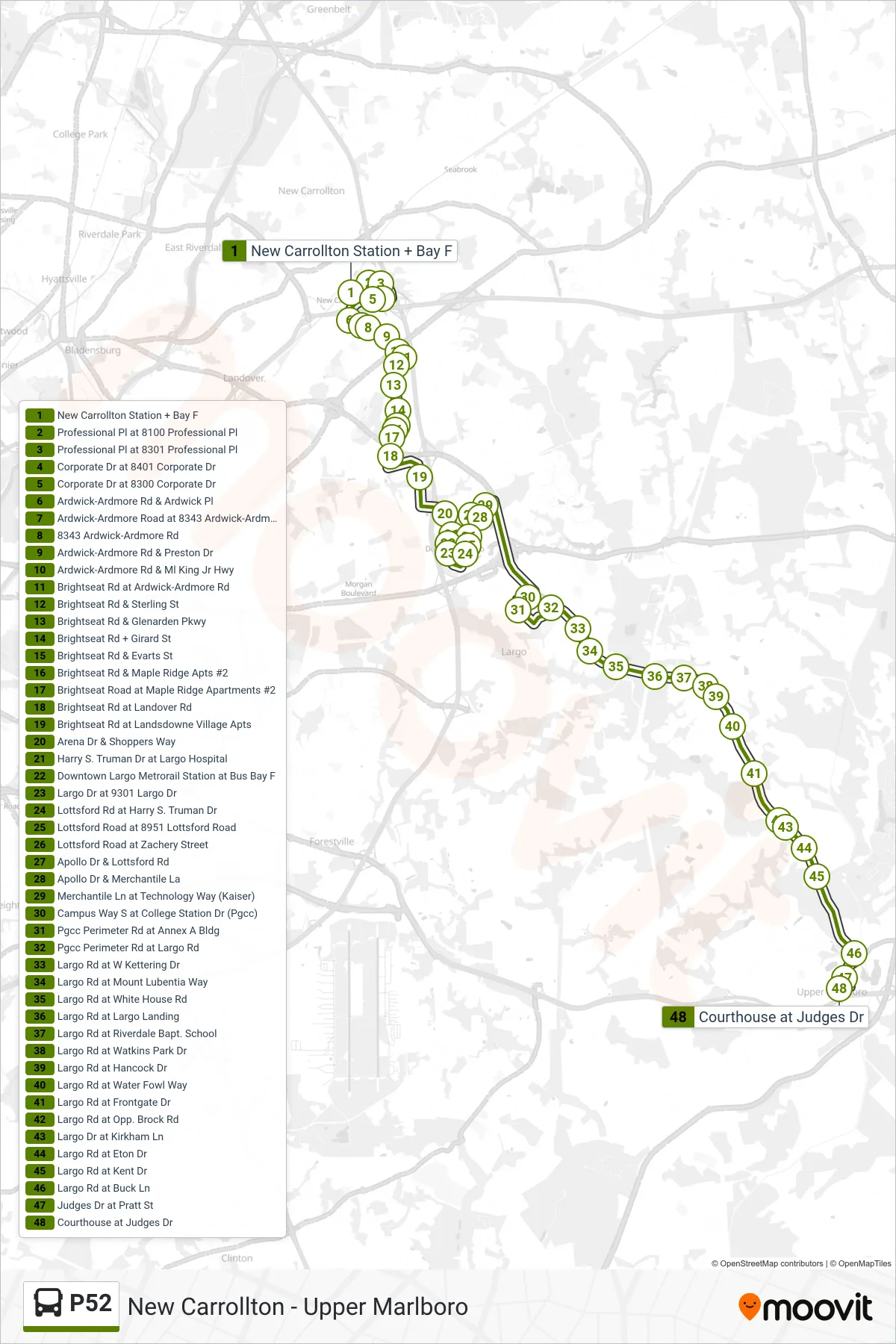 P52 bus Line (Upper Marlboro Courthouse) route and stops on a map
