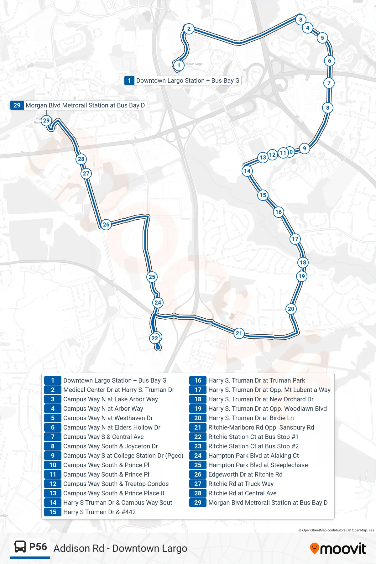 P56 bus Line (Morgan Blvd Station) route and stops on a map