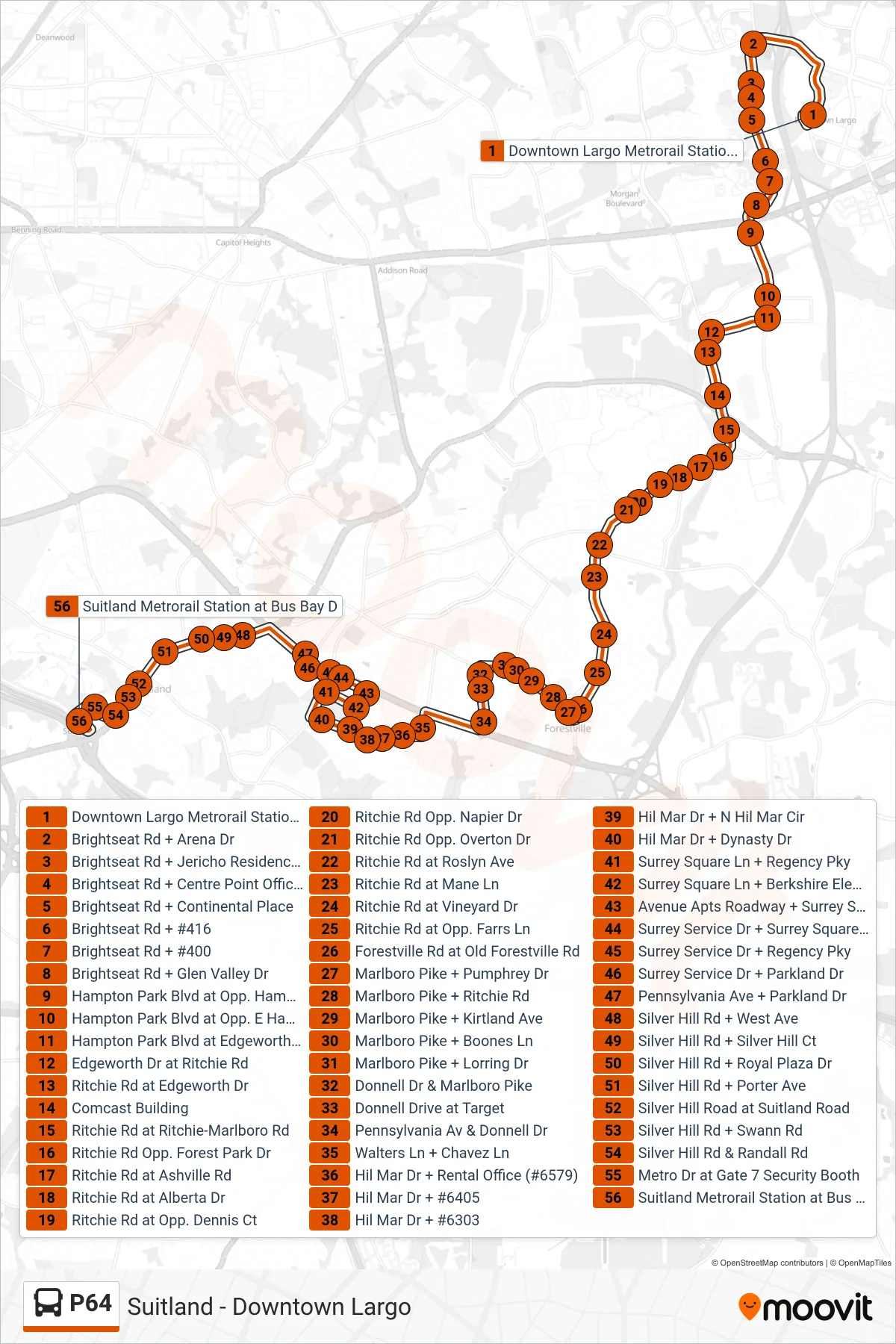 P64 bus Line (Suitland Station) route and stops on a map