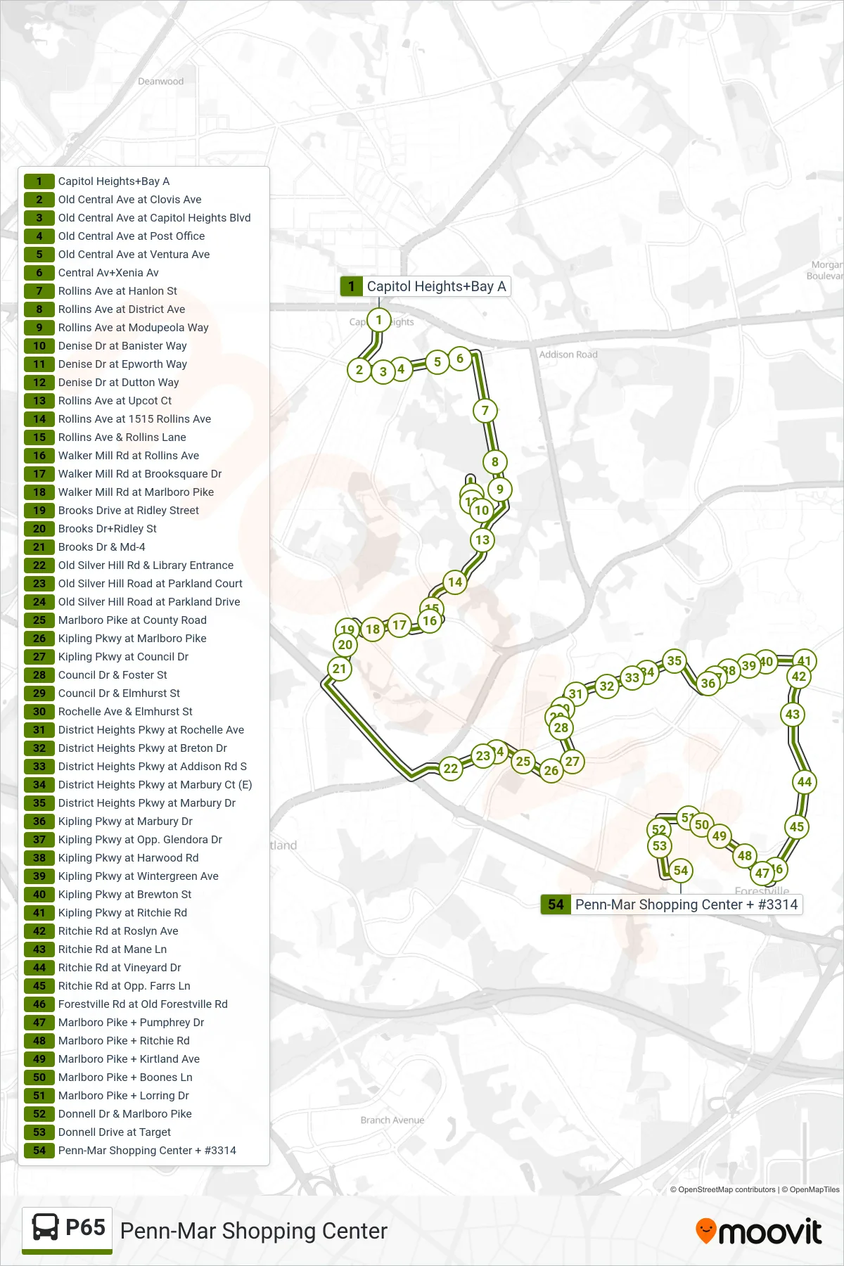 P65 bus Line (Penn-Mar Shopping Center) route and stops on a map