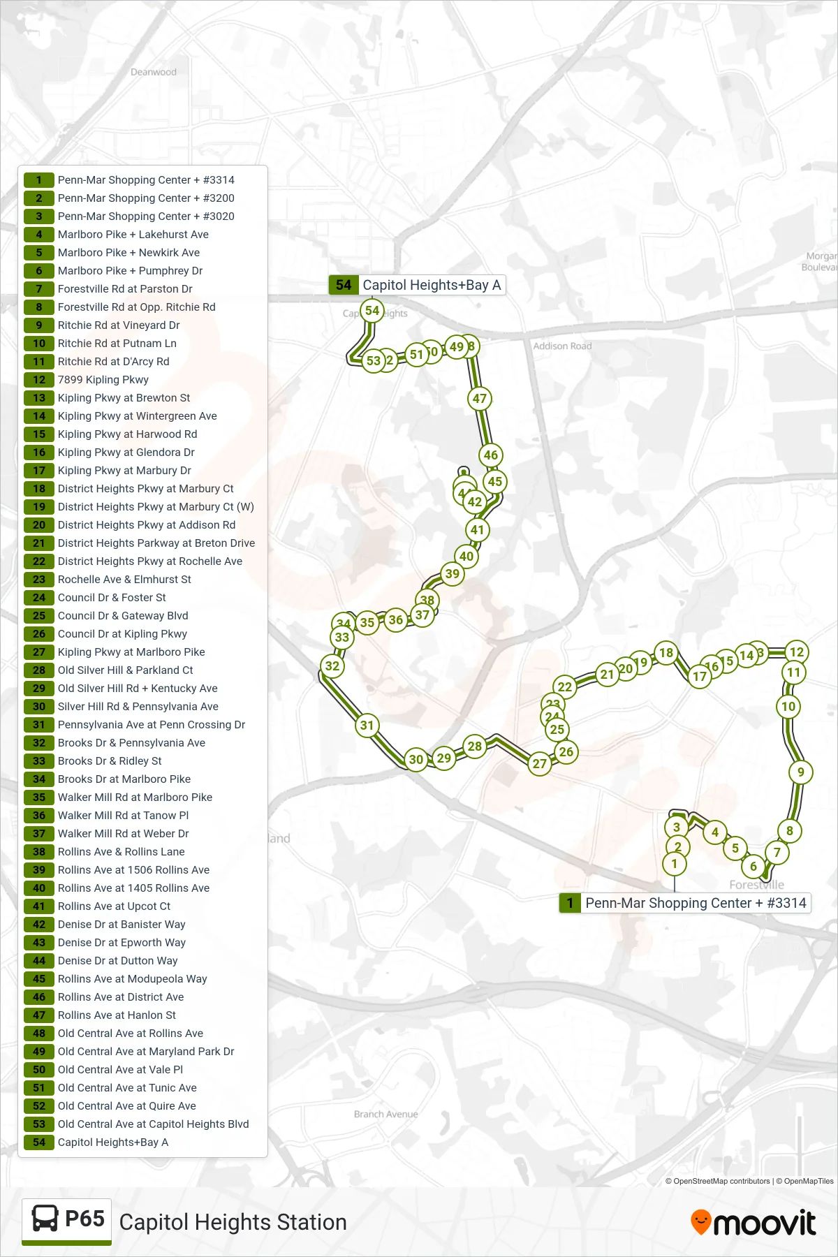 P65 bus Line (Capitol Heights Station) route and stops on a map