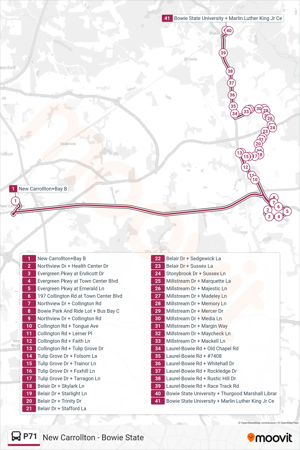 P71 bus Line (Bowie State University) route and stops on a map