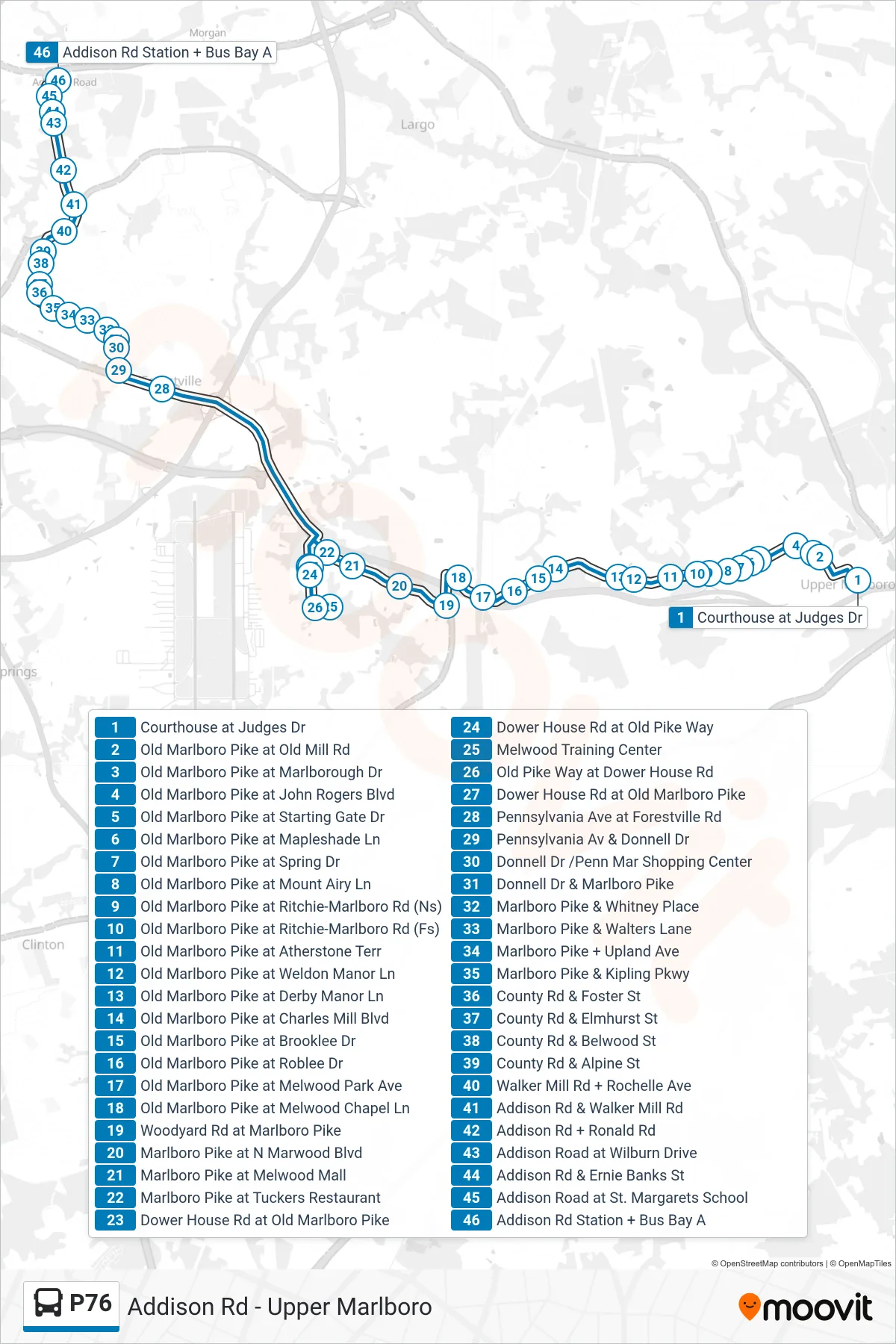 P76 bus Line (Addison Road Station) route and stops on a map
