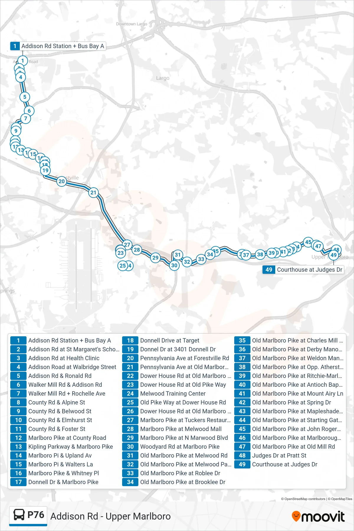P76 bus Line (Upper Marlboro Courthouse) route and stops on a map
