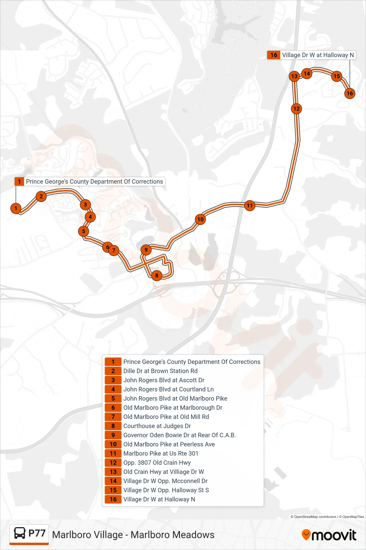 P77 bus Line (Marlboro Meadows) route and stops on a map