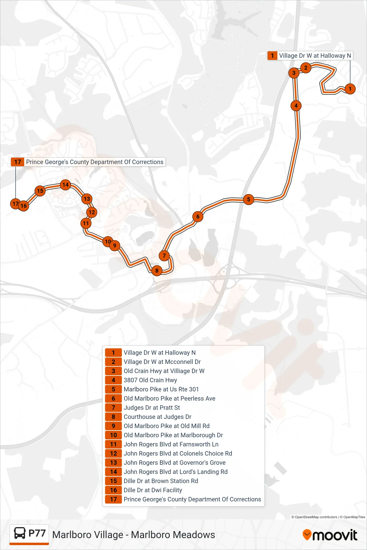 P77 bus Line (Marlboro Village) route and stops on a map