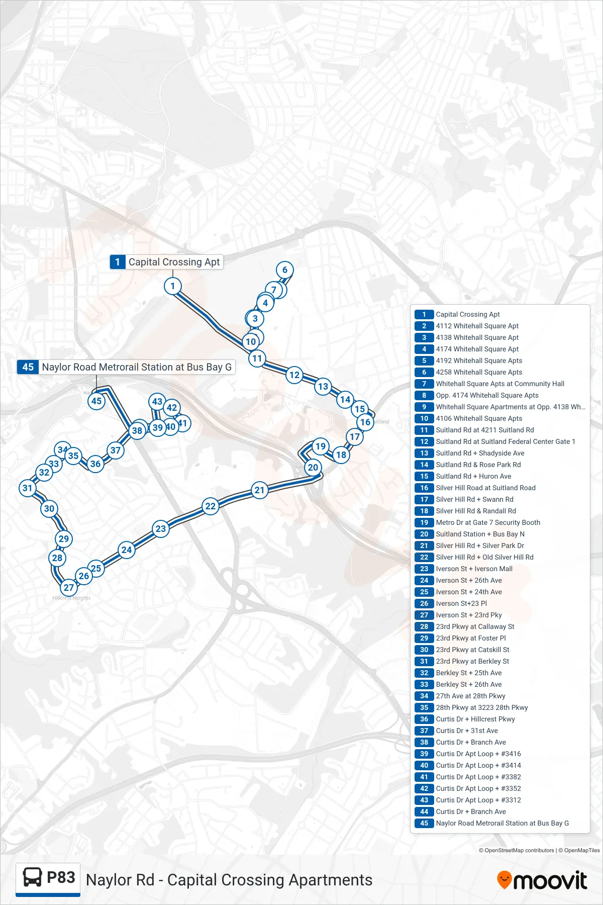P83 bus Line (Naylor Road Station) route and stops on a map