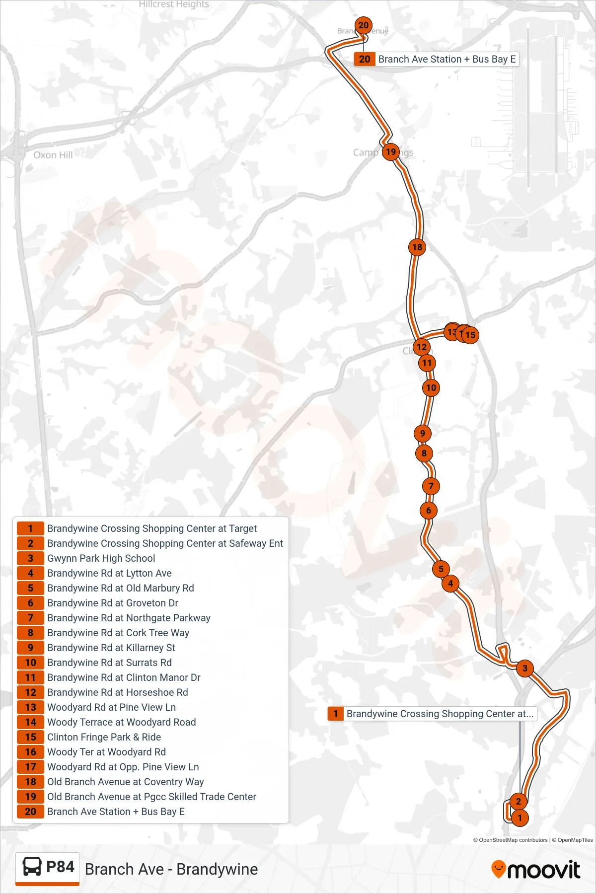 P84 bus Line (Branch Avenue Station) route and stops on a map