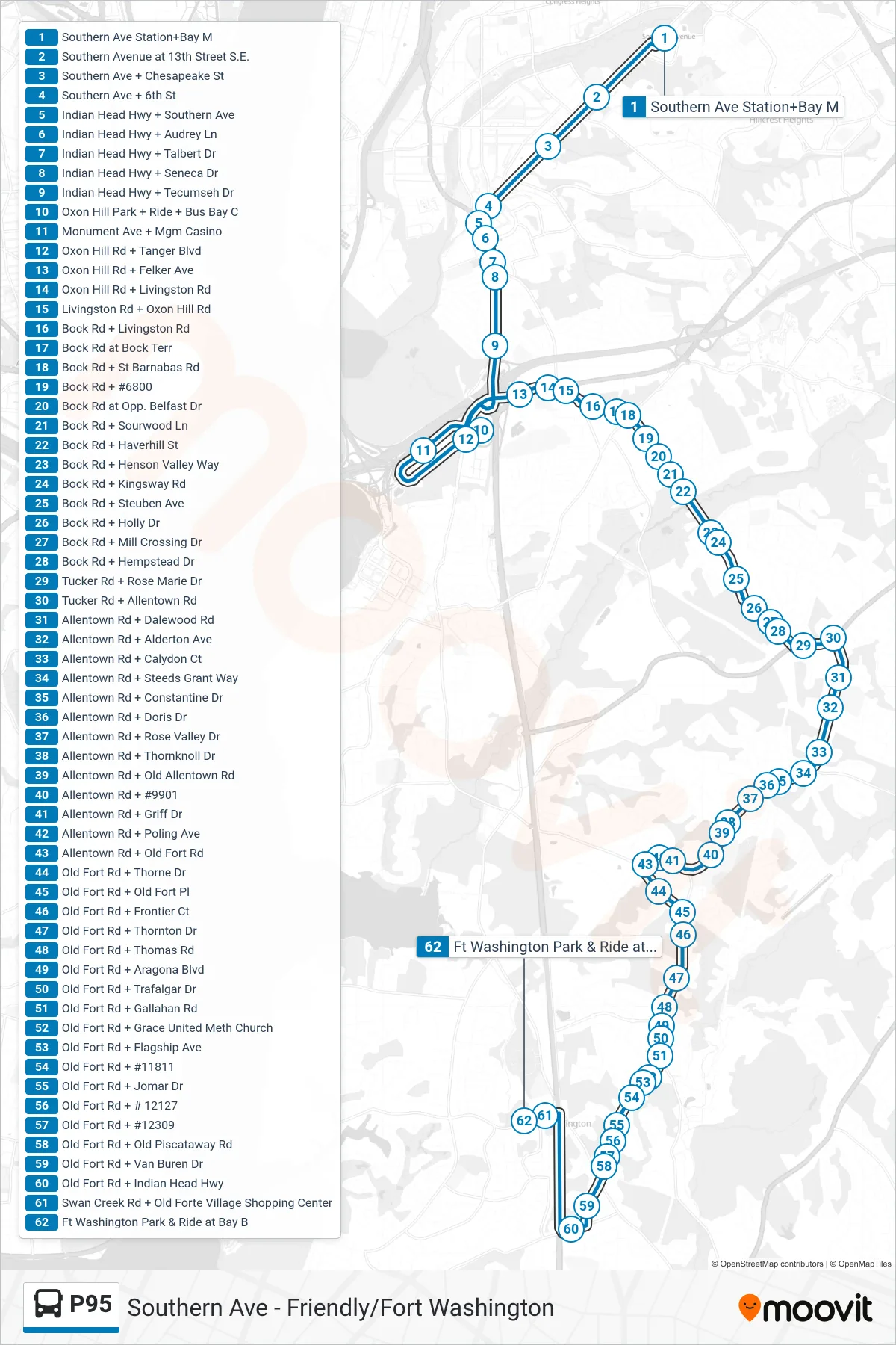 P95 bus Line (Friendly - Fort Washington) route and stops on a map